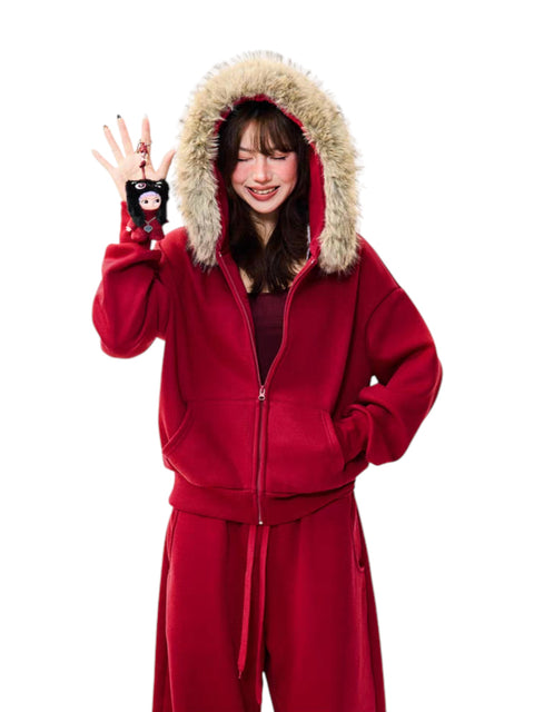 Fur-Hooded Cotton Street Set – Brick Red Full Body Set