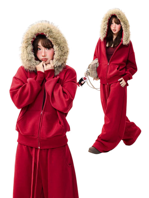 Fur-Hooded Cotton Street Set – Brick Red Full Body Set