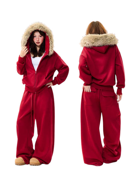 Fur-Hooded Cotton Street Set – Brick Red Full Body Set