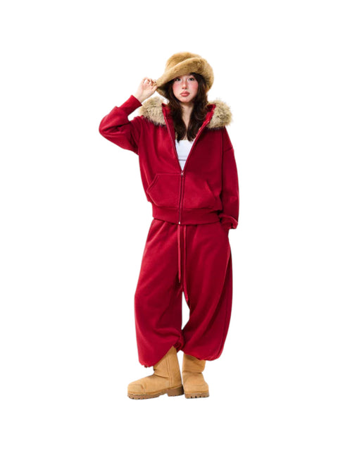 Fur-Hooded Cotton Street Set – Brick Red Full Body Set