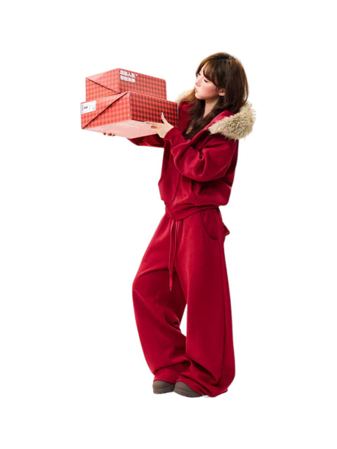 Fur-Hooded Cotton Street Set – Brick Red Full Body Set