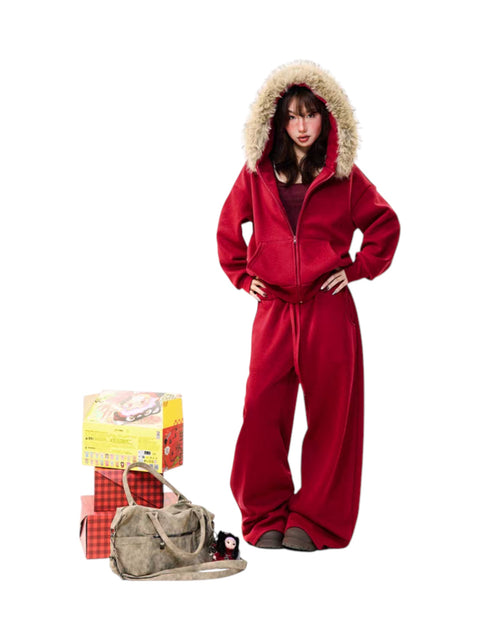 Fur-Hooded Cotton Street Set – Brick Red Full Body Set