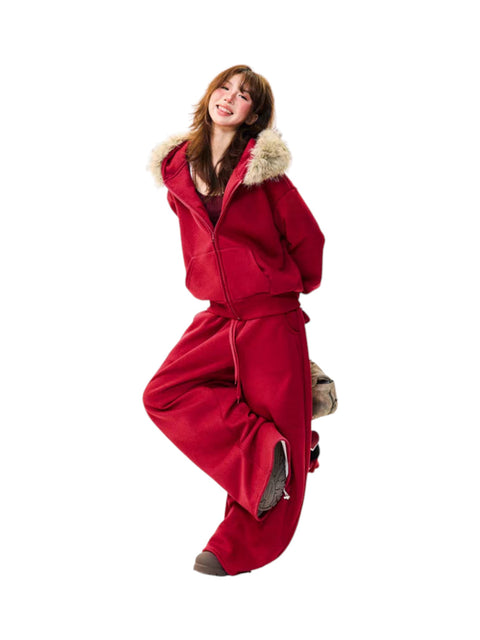 Fur-Hooded Cotton Street Set – Brick Red Full Body Set