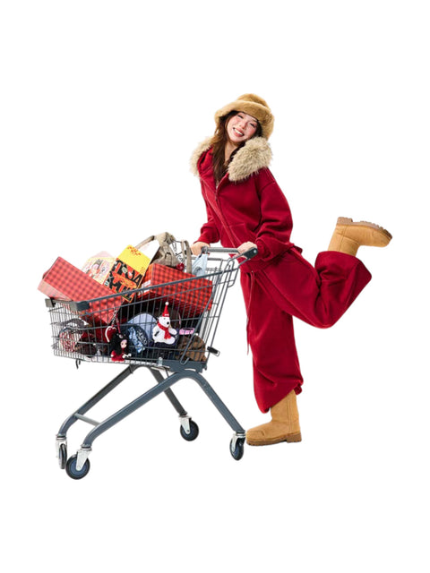 Fur-Hooded Cotton Street Set – Brick Red Full Body Set