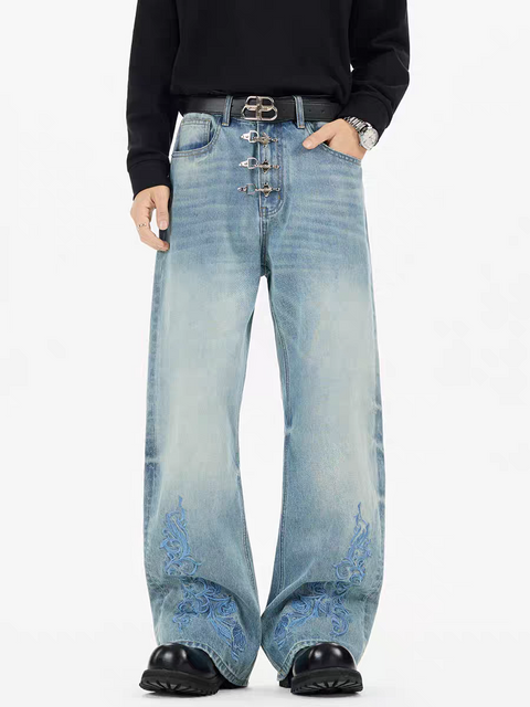 Azure Bloom Buckle-Lock Wide-Leg Denim