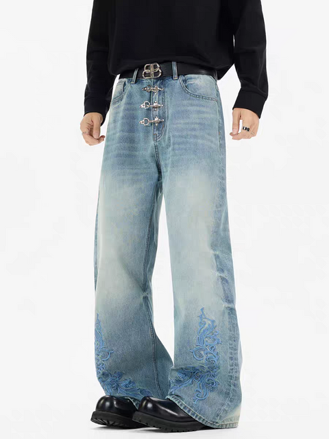 Azure Bloom Buckle-Lock Wide-Leg Denim