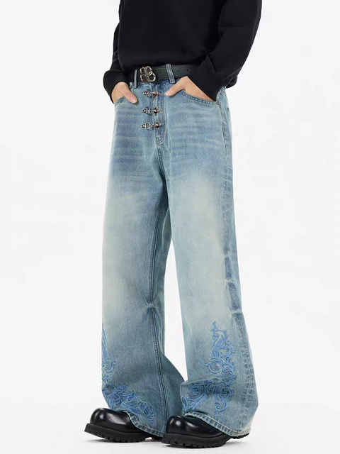 Azure Bloom Buckle-Lock Wide-Leg Denim