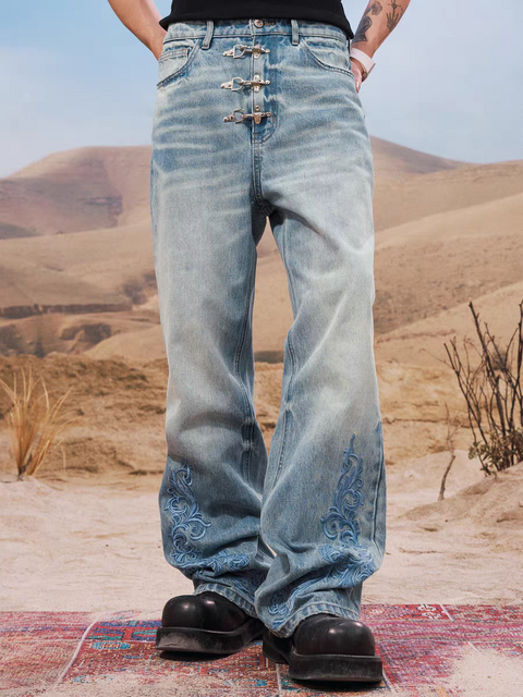 Azure Bloom Buckle-Lock Wide-Leg Denim