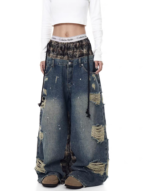 GKIKZ GRUNGE PATCHWORK WIDE-LEG DENIM PANTS