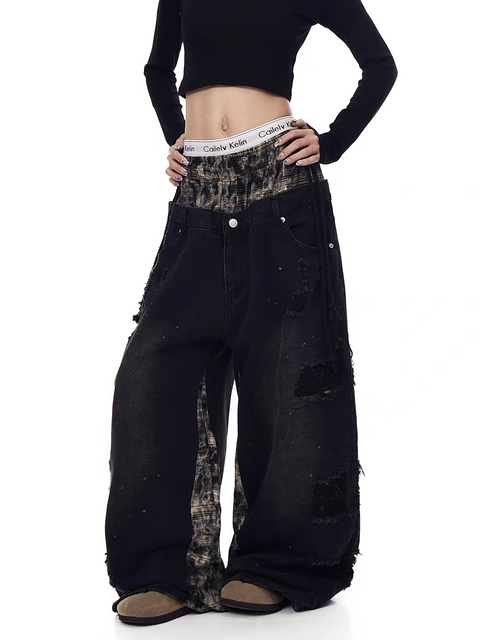 GKIKZ GRUNGE PATCHWORK WIDE-LEG DENIM PANTS