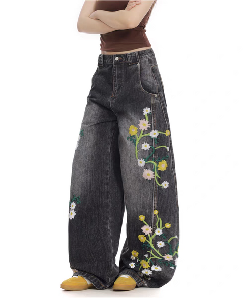 Floral Embroidered Wide-Leg Denim Pants