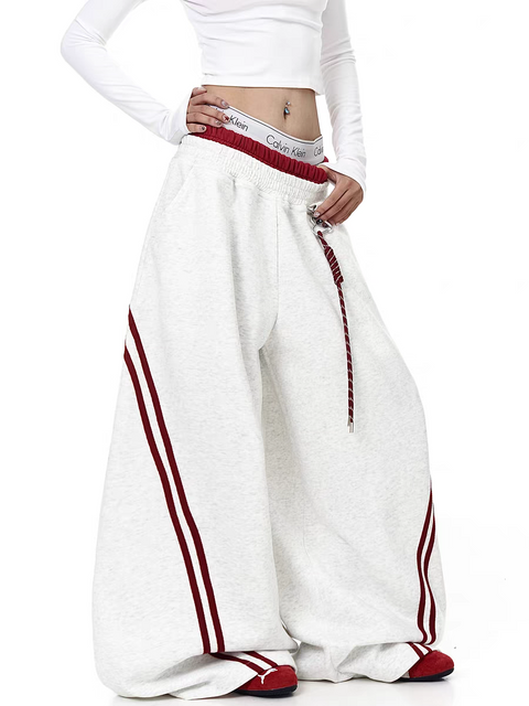 Striped Contrast Wide-Leg Drawstring Pants