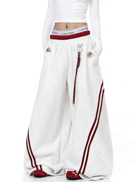 Striped Contrast Wide-Leg Drawstring Pants