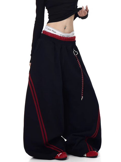 Striped Contrast Wide-Leg Drawstring Pants