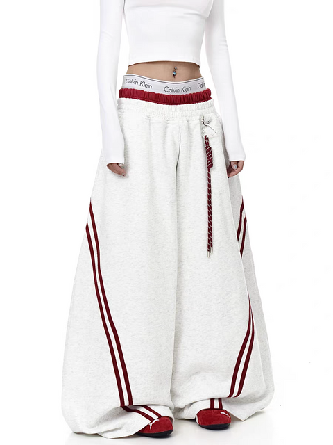 Striped Contrast Wide-Leg Drawstring Pants