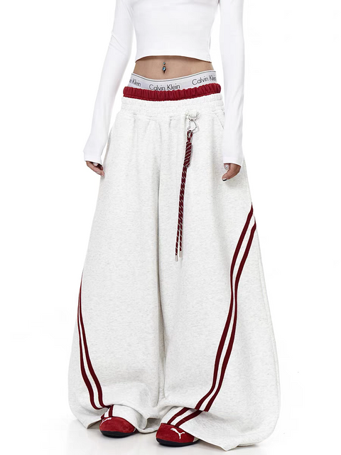 Striped Contrast Wide-Leg Drawstring Pants