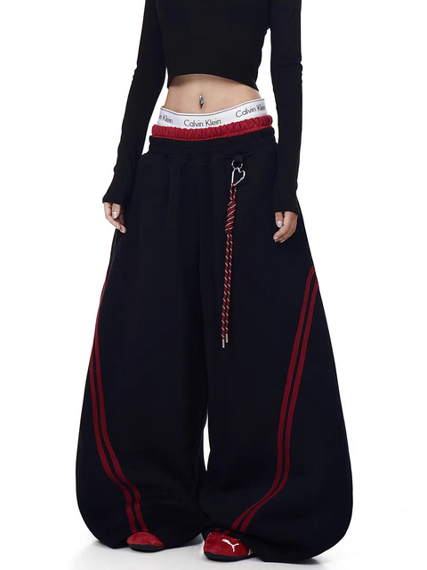 Striped Contrast Wide-Leg Drawstring Pants