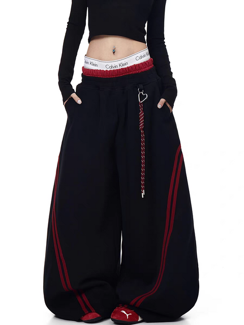 Striped Contrast Wide-Leg Drawstring Pants