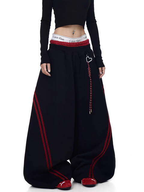 Striped Contrast Wide-Leg Drawstring Pants
