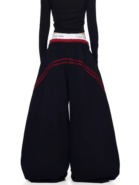 Striped Contrast Wide-Leg Drawstring Pants