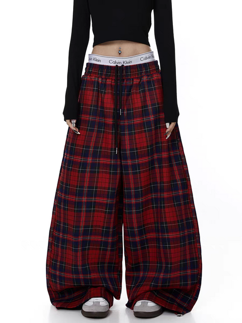 Red Plaid Wide-Leg Flannel Pants
