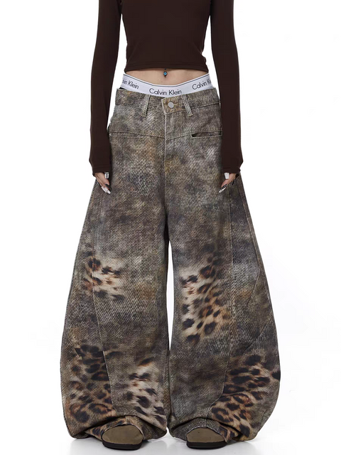 GKIKZ DISTRESSED LEOPARD WIDE-LEG DENIM