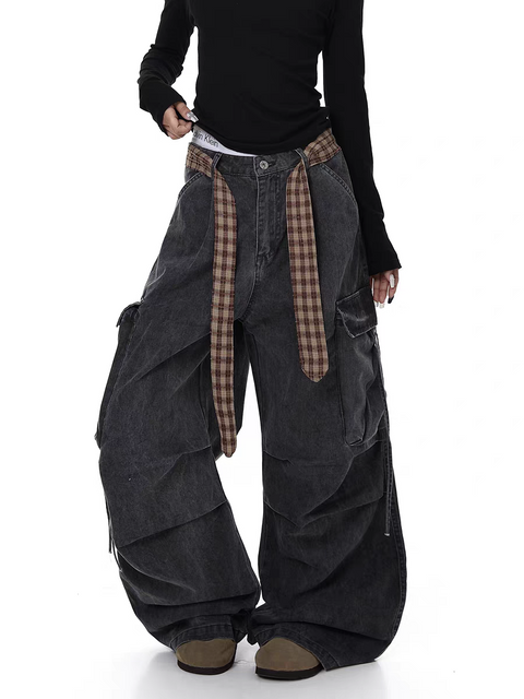 Plaid Belted Wide-Leg Pants