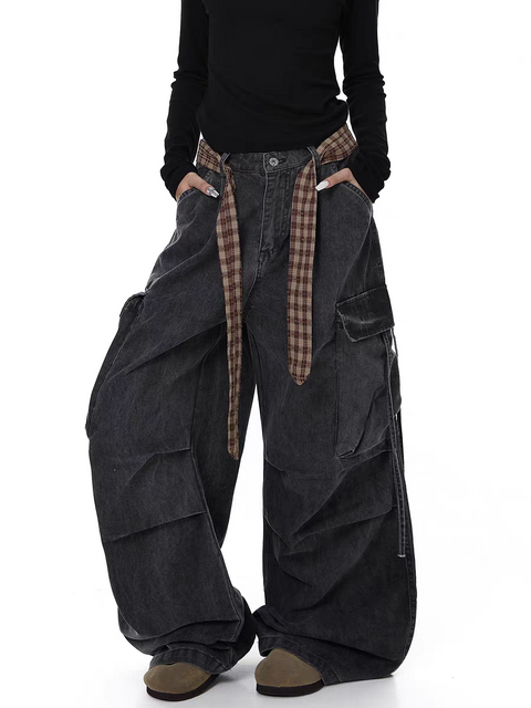 Plaid Belted Wide-Leg Pants