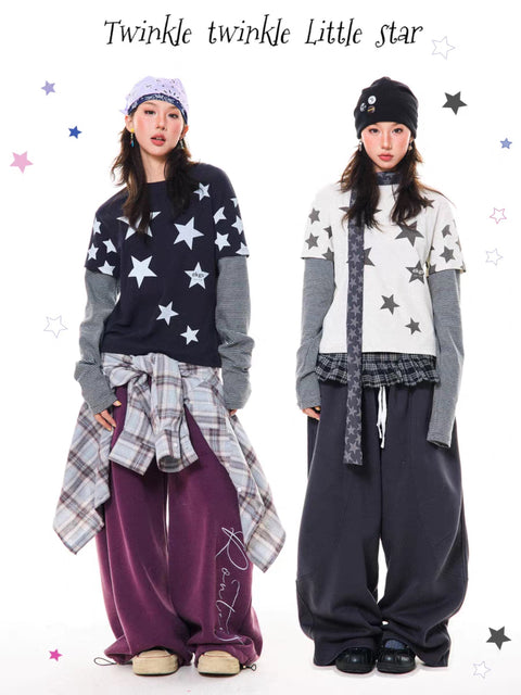 GKIKZ Y2K STAR PRINT TWO-PIECE LONG-SLEEVE TEES