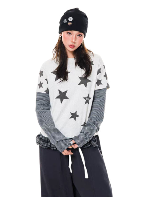 GKIKZ Y2K STAR PRINT TWO-PIECE LONG-SLEEVE TEES
