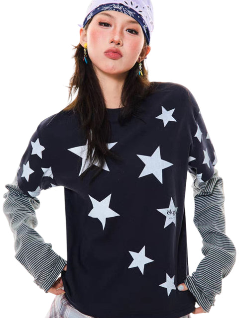 GKIKZ Y2K STAR PRINT TWO-PIECE LONG-SLEEVE TEES