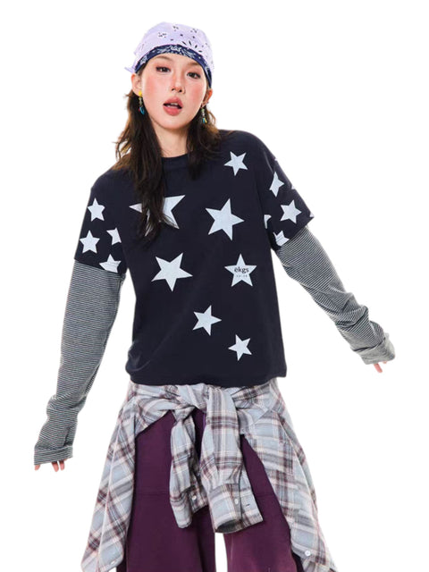 GKIKZ Y2K STAR PRINT TWO-PIECE LONG-SLEEVE TEES