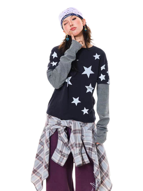 GKIKZ Y2K STAR PRINT TWO-PIECE LONG-SLEEVE TEES