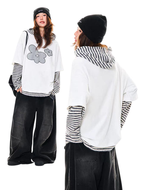 Floral Embroidered Striped Hoodie