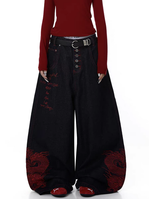 Dragon Embroidered Baggy Heavy Denim Jeans