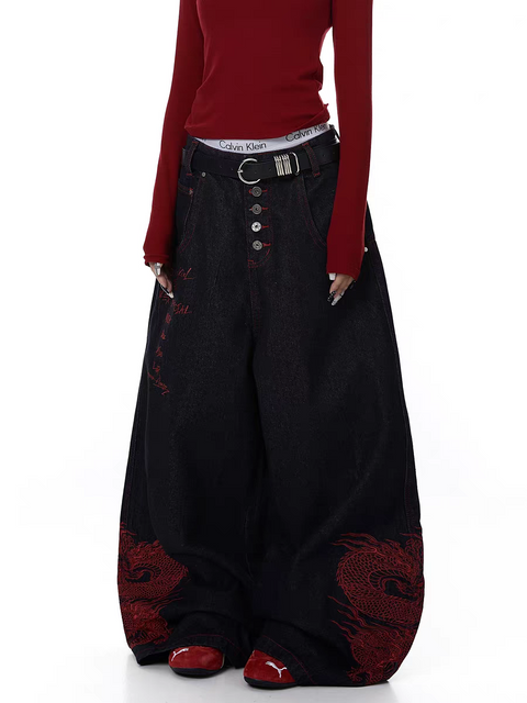 Dragon Embroidered Baggy Heavy Denim Jeans