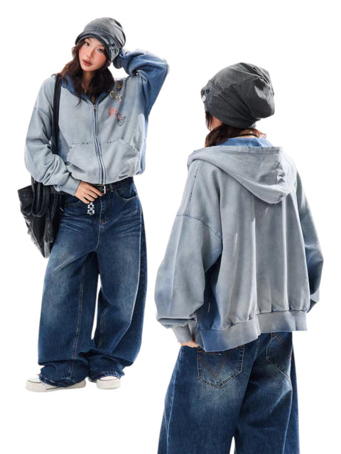 GKIKZ VINTAGE BADGE-PRINT DISTRESSED JACKET