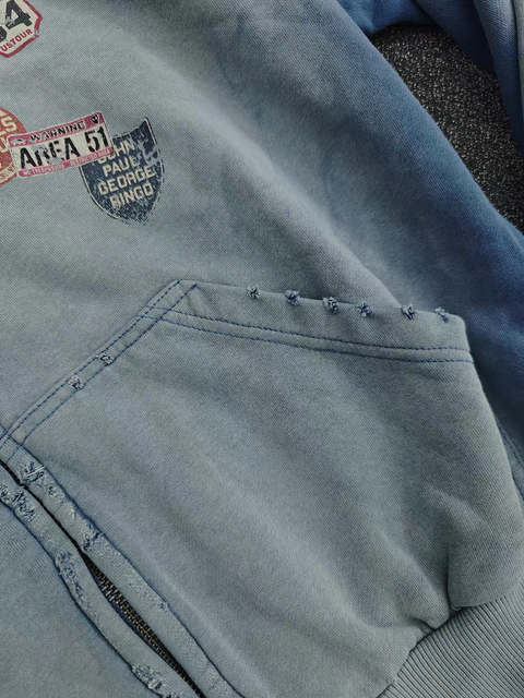 Vintage Badge-Print Distressed Jacket