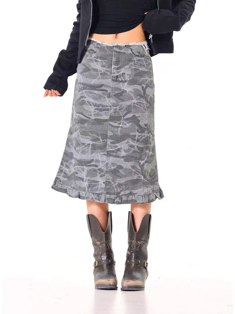 Distressed Camo Mid-Length Skirt