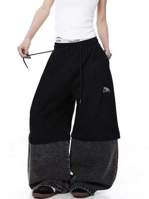 Half Cotton Half Denim Detachable Baggy Pants