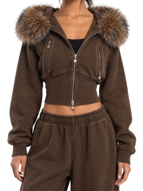 Sable Fur-Trim Cropped Hoodie Set