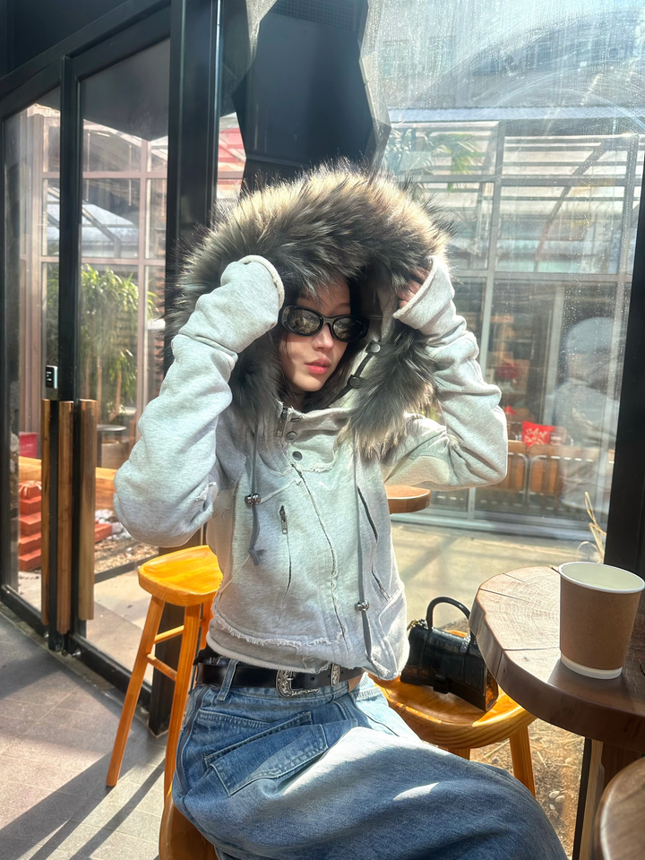 GKIKZ SLIGHT TIGHT FUR COLLAR HOODED CARDIGAN