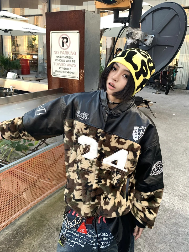 GKIKZ RUST CAMOUFLAGE AND PU LEATHER COTTON-PADDED JACKET