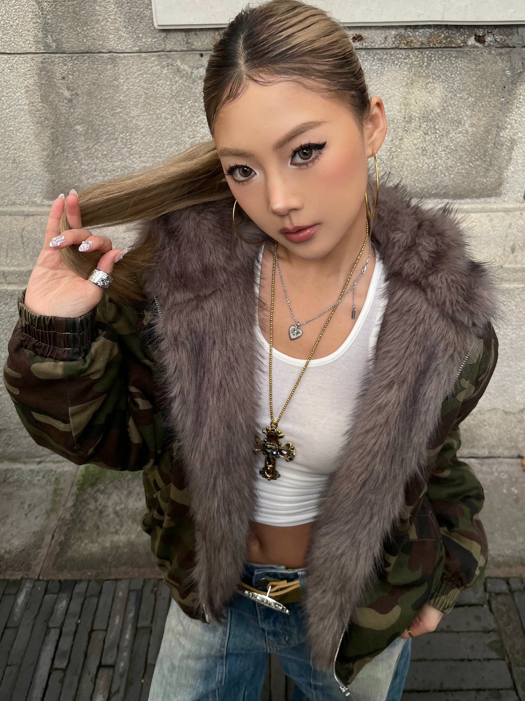 GKIKZ MOUNTAIN CARVING THICK COTTON PADDED FUR COLLAR JACKET