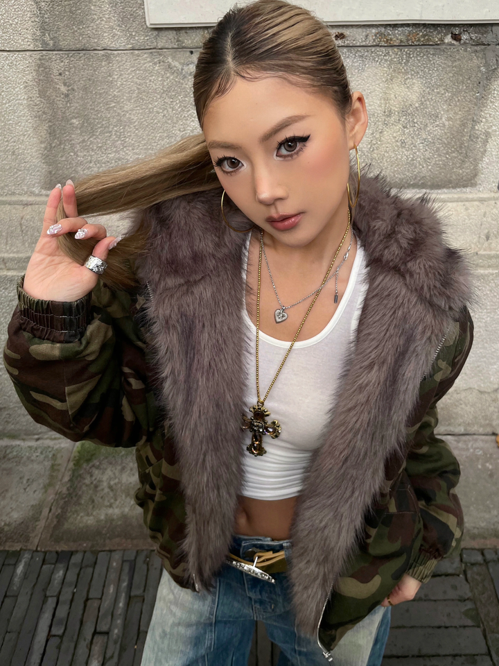 GKIKZ MOUNTAIN CARVING THICK COTTON PADDED FUR COLLAR JACKET