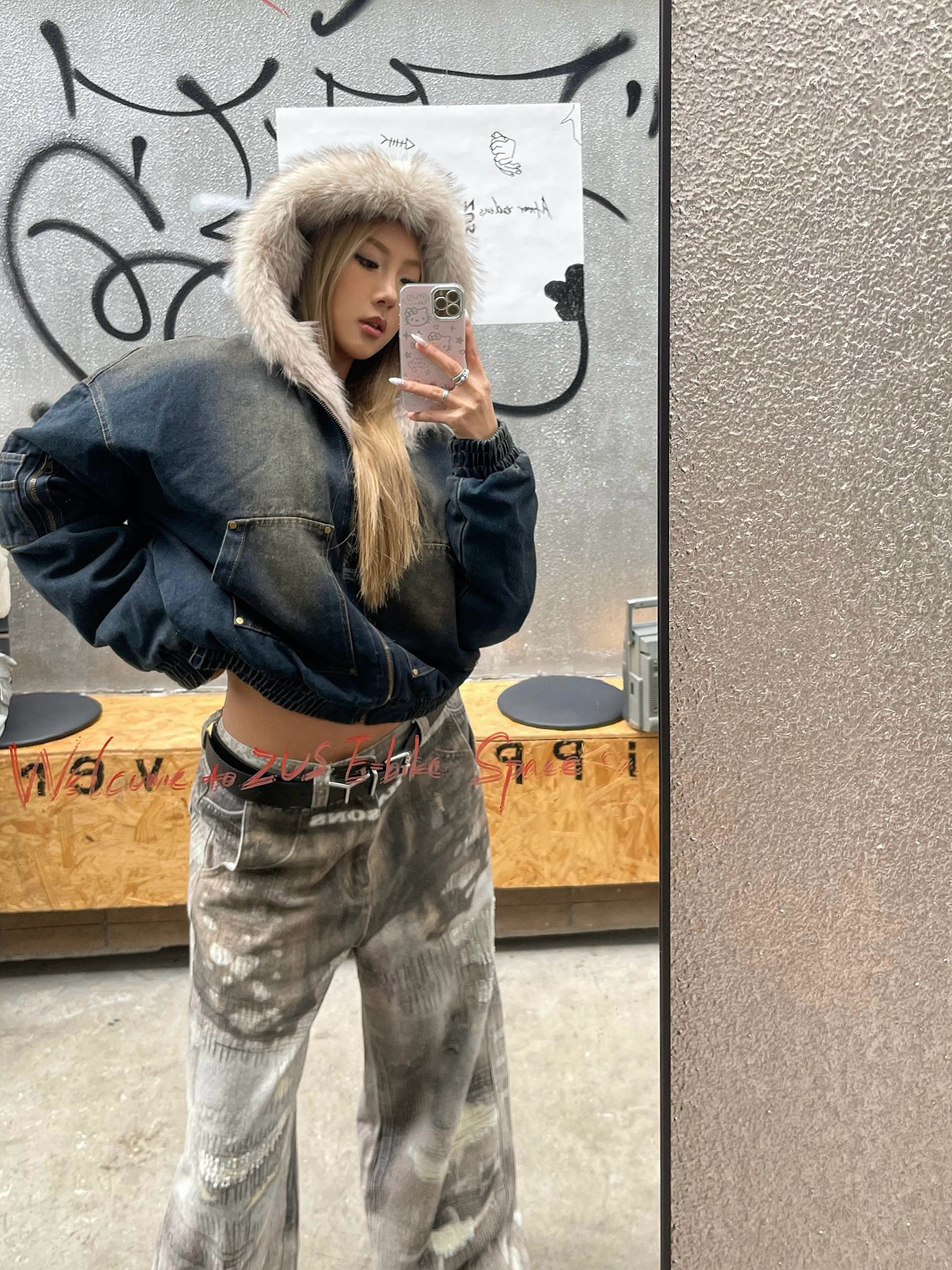 Dirty Denim Hooded Fur Collar Jacket