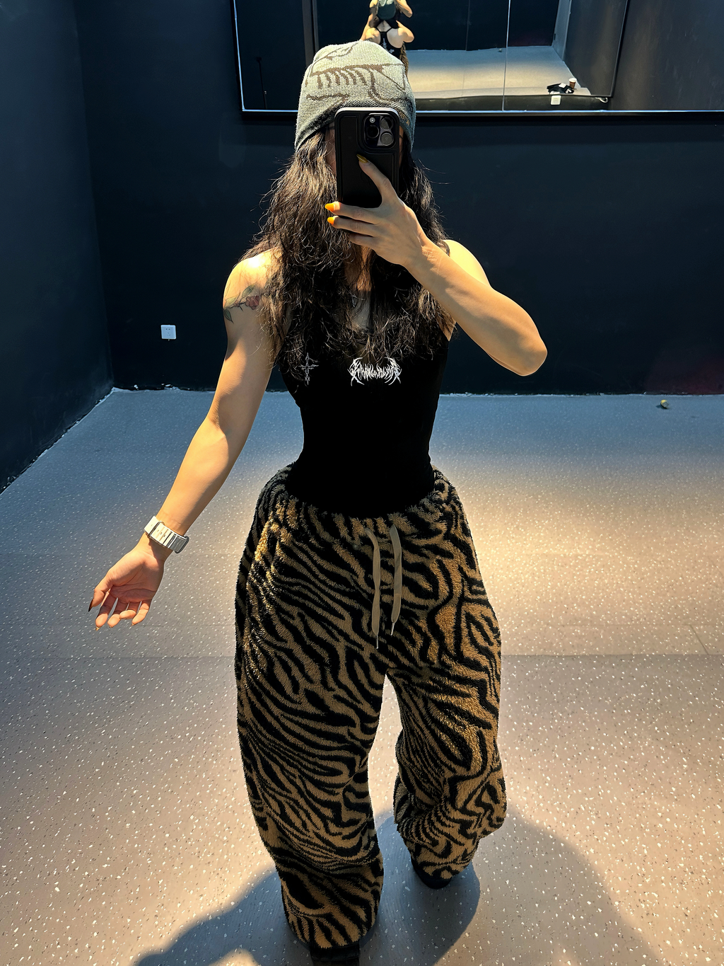Tiger-trail plush wide-leg pants — women's streetwear