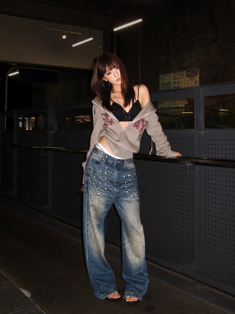 GKIKZ PYRAMID PUNK STUDDED WIDE-LEG DENIM PANT