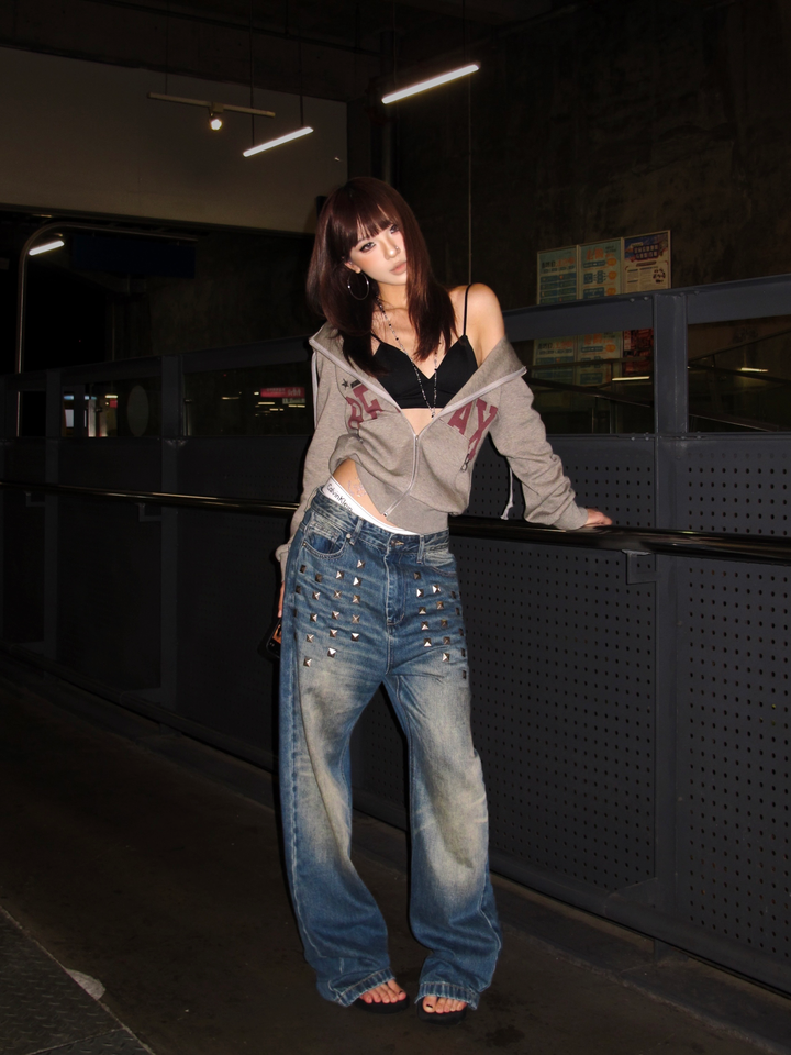 GKIKZ PYRAMID PUNK STUDDED WIDE-LEG DENIM PANT