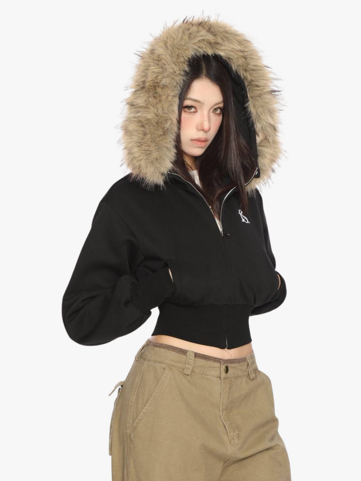 GKIKZ FAUX FUR CROPPED DETACHABLE HOOD ZIP-UP